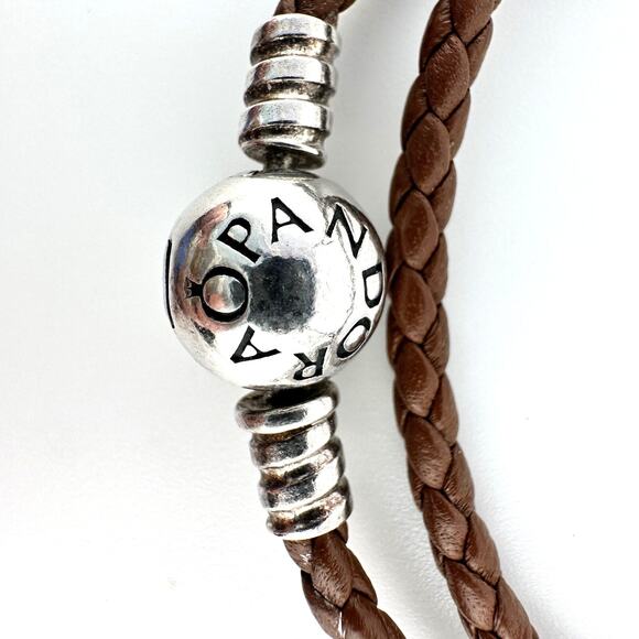 Pandora 925 Sterling Silver Medium Brown Braided Leather Wrap Charm 14” Bracelet - Picture 6 of 8